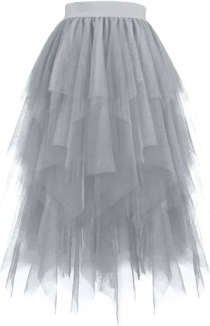 Tulle Skirts for Women Midi Mesh Dance Skirts Elastic Waist Flowy Ballet Skirts Mesh Layered A Line Fairy Skirt