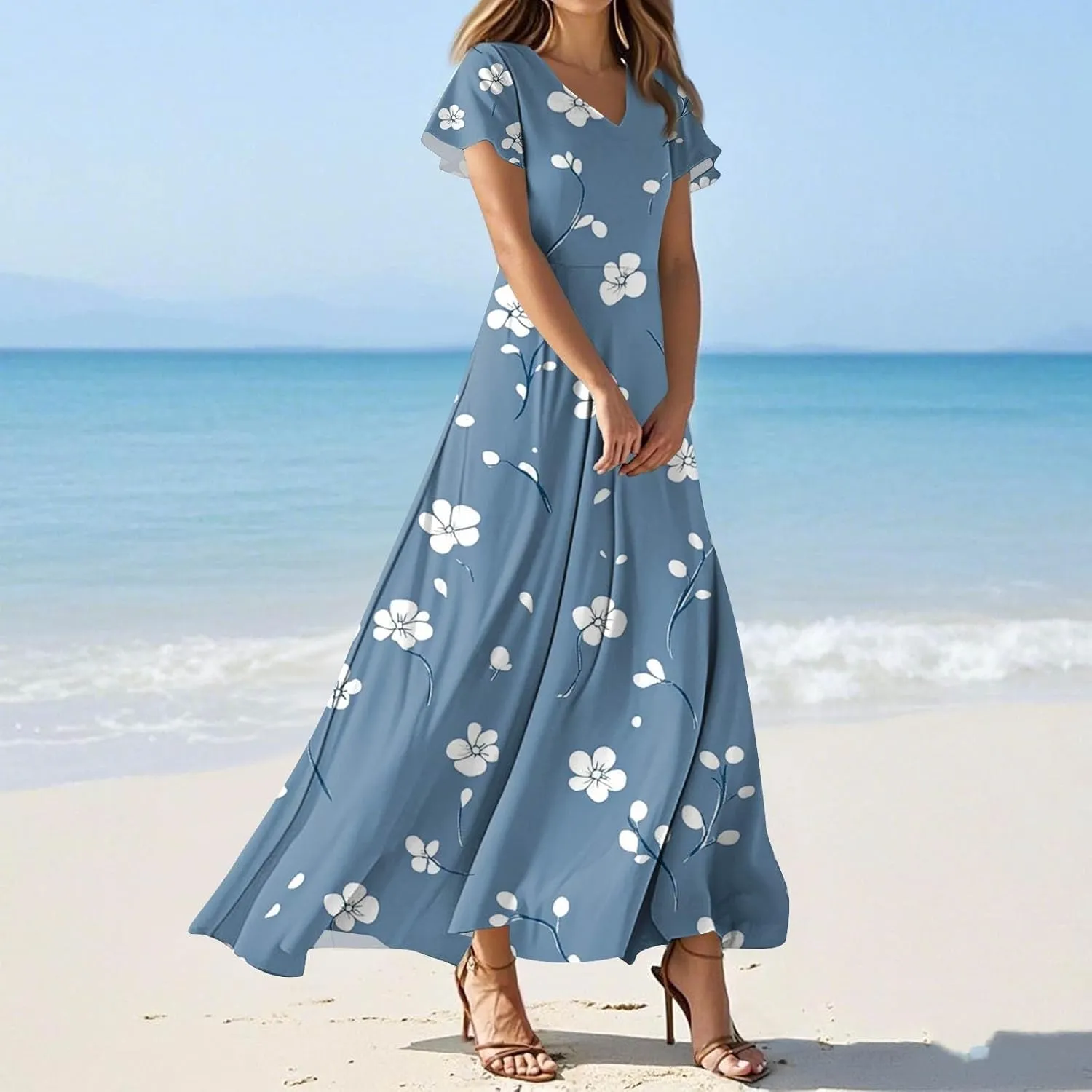 Tunic Stylish Summer Dress Ladies Birthday Short Sleeve Print Relaxed Fit for Women V Neck Comfort Dresses