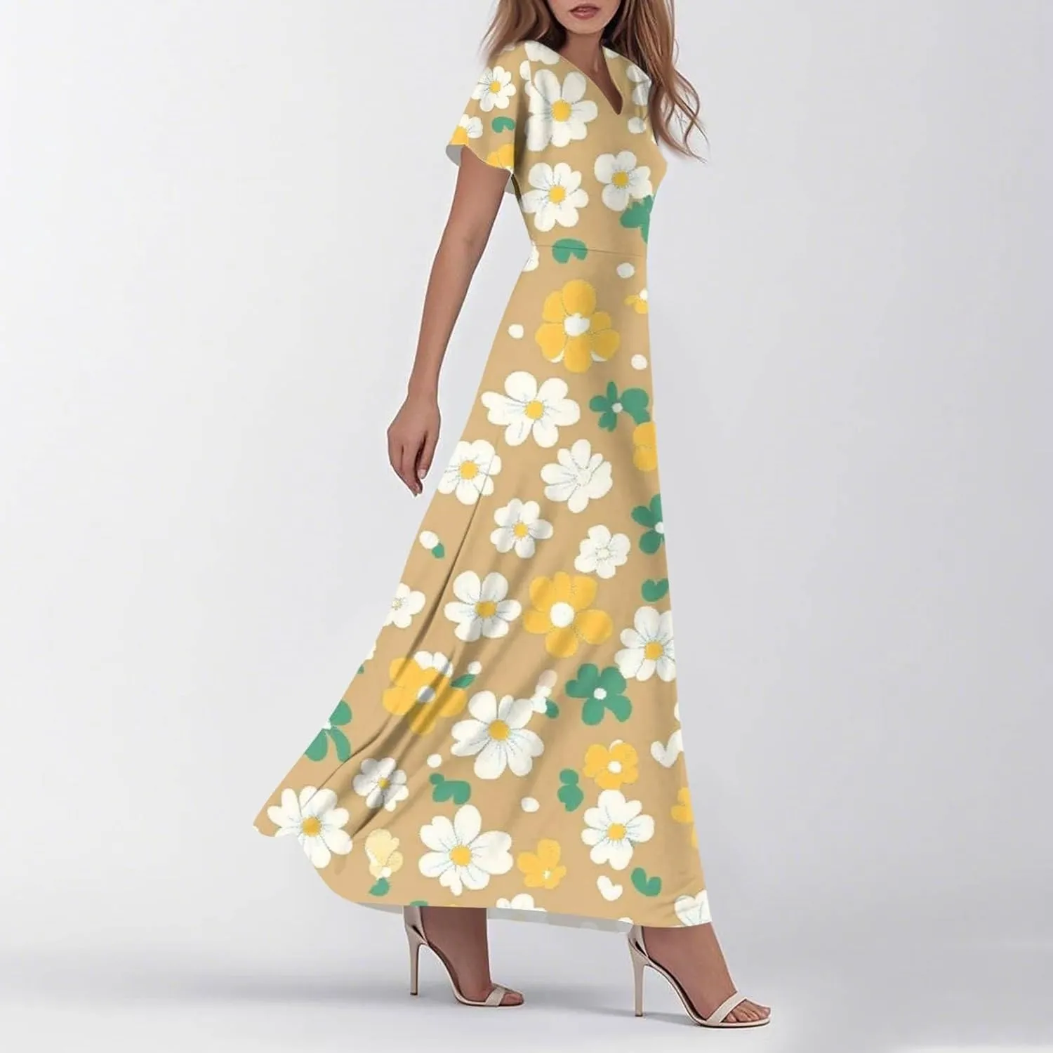 Tunic Stylish Summer Dress Ladies Birthday Short Sleeve Print Relaxed Fit for Women V Neck Comfort Dresses