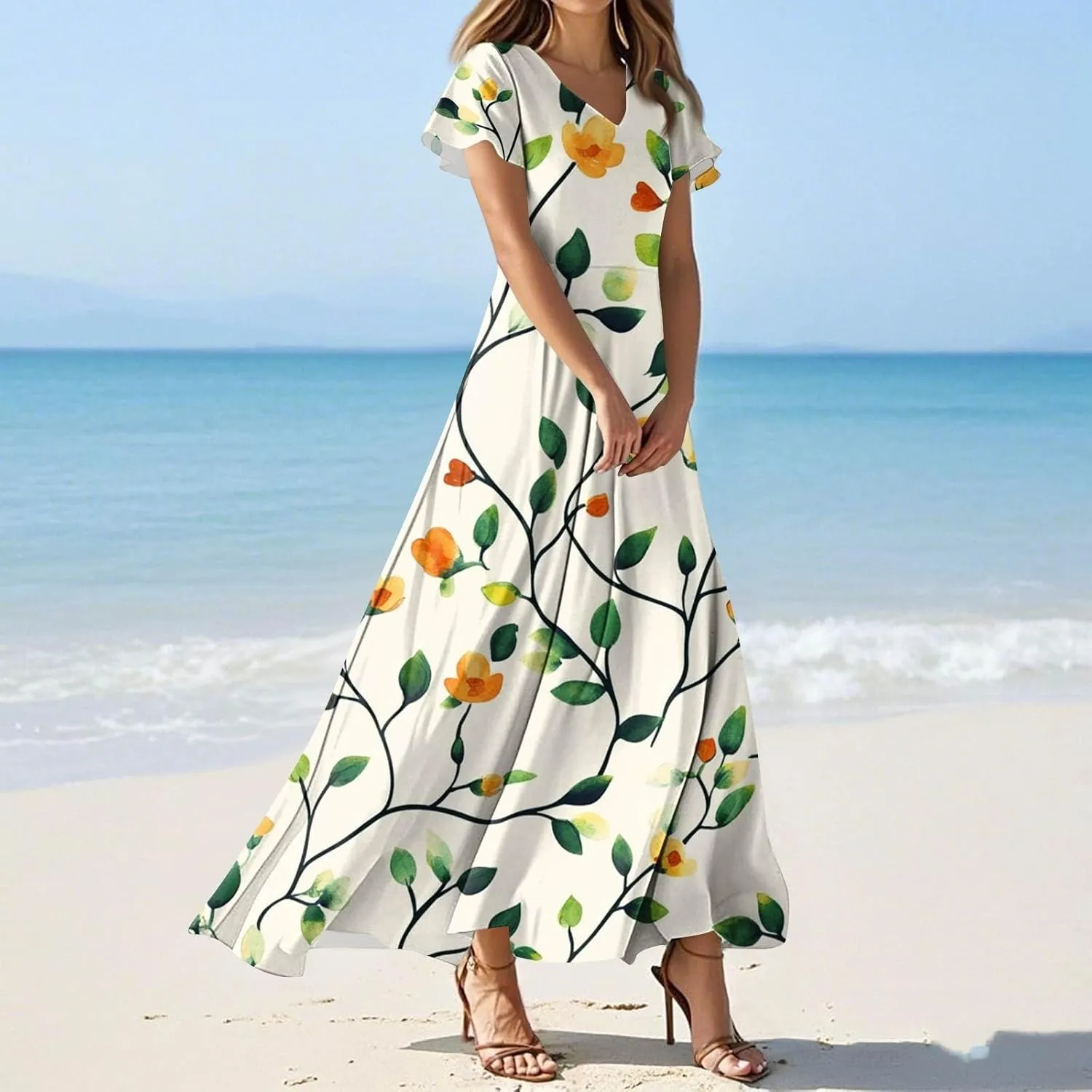Tunic Stylish Summer Dress Ladies Birthday Short Sleeve Print Relaxed Fit for Women V Neck Comfort Dresses