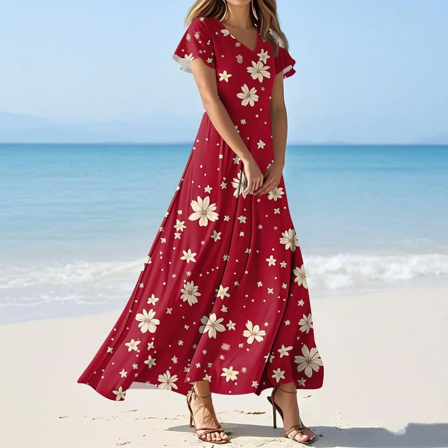 Tunic Stylish Summer Dress Ladies Birthday Short Sleeve Print Relaxed Fit for Women V Neck Comfort Dresses
