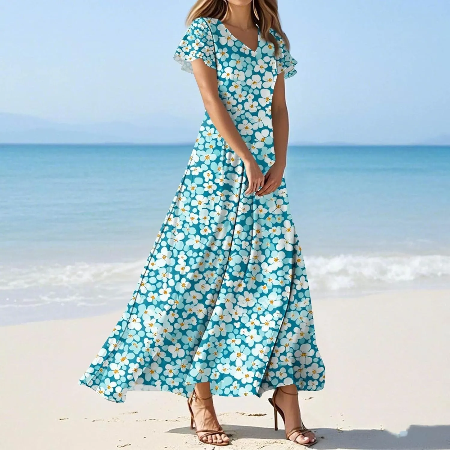 Tunic Stylish Summer Dress Ladies Birthday Short Sleeve Print Relaxed Fit for Women V Neck Comfort Dresses