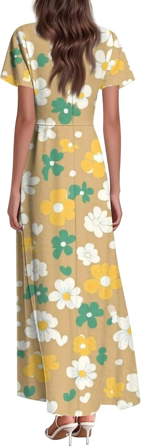 Tunic Stylish Summer Dress Ladies Birthday Short Sleeve Print Relaxed Fit for Women V Neck Comfort Dresses