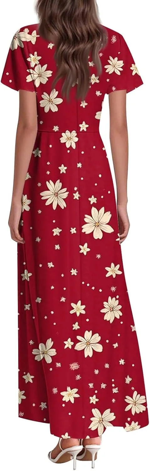 Tunic Stylish Summer Dress Ladies Birthday Short Sleeve Print Relaxed Fit for Women V Neck Comfort Dresses