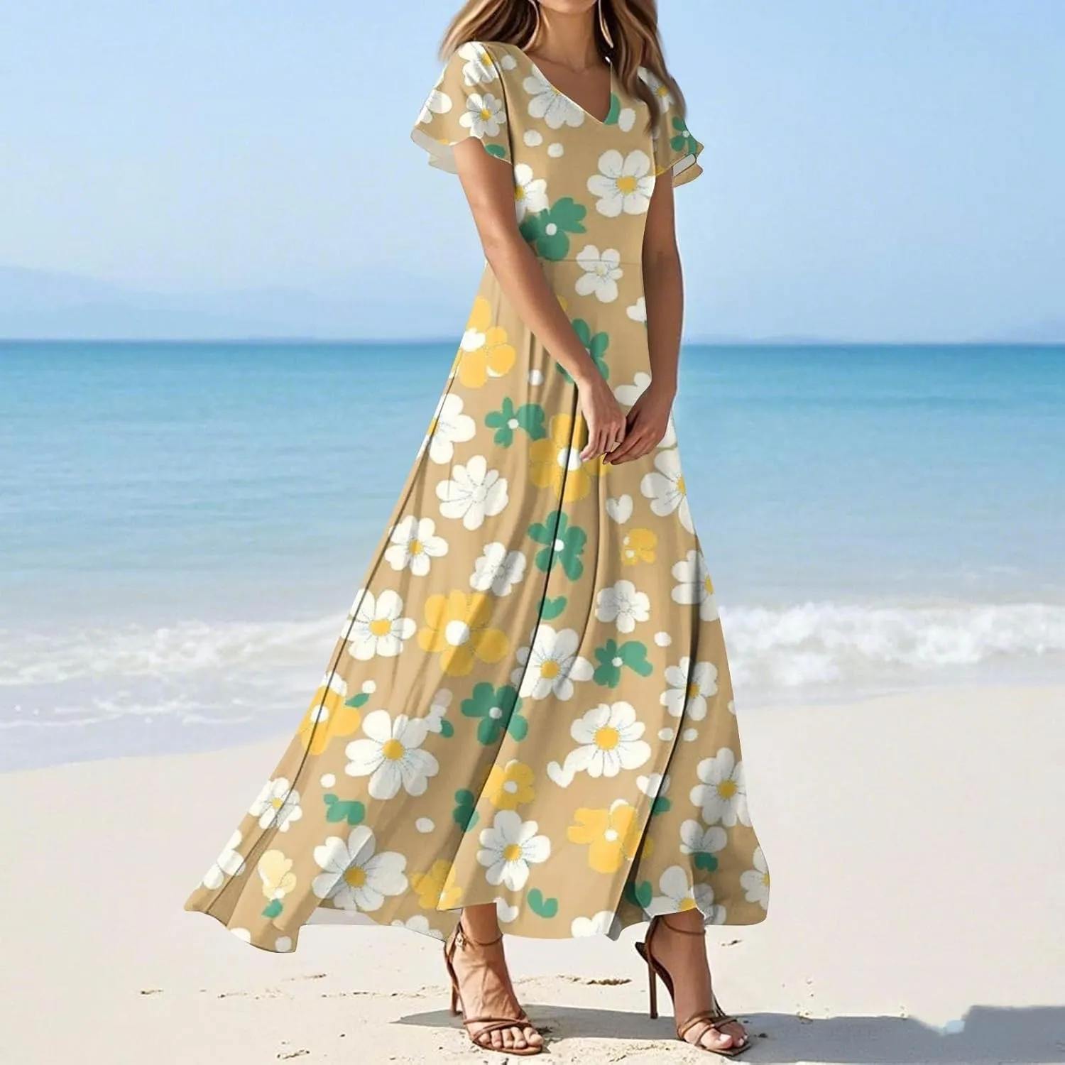 Tunic Stylish Summer Dress Ladies Birthday Short Sleeve Print Relaxed Fit for Women V Neck Comfort Dresses