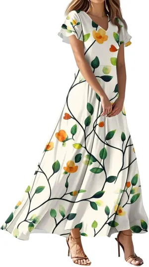 Tunic Stylish Summer Dress Ladies Birthday Short Sleeve Print Relaxed Fit for Women V Neck Comfort Dresses