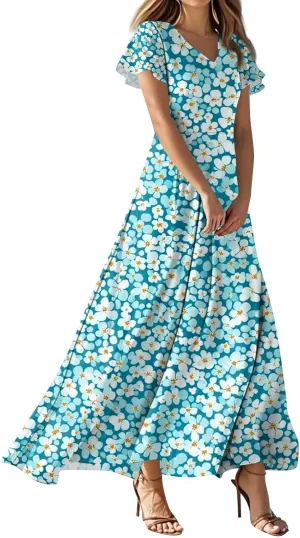 Tunic Stylish Summer Dress Ladies Birthday Short Sleeve Print Relaxed Fit for Women V Neck Comfort Dresses