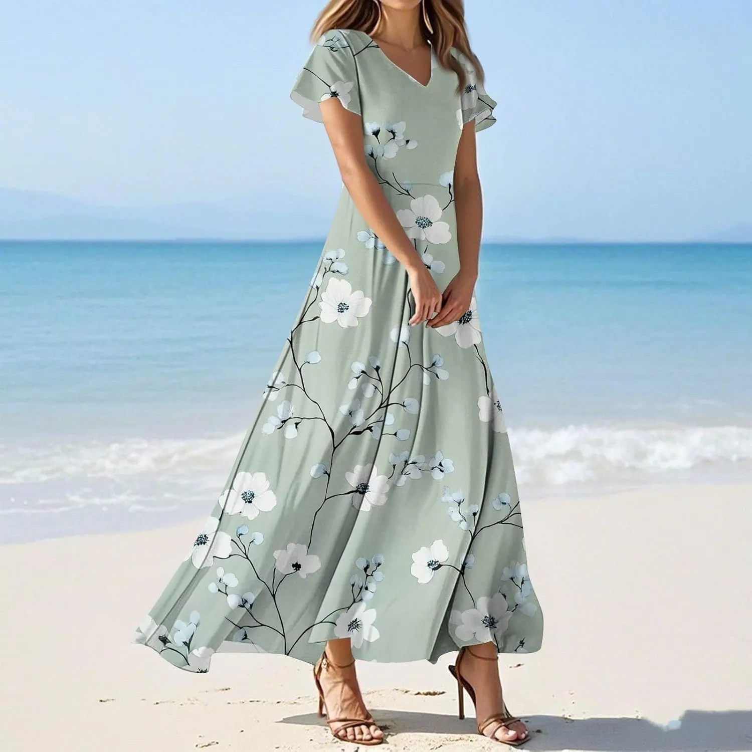 Tunic Stylish Summer Dress Ladies Birthday Short Sleeve Print Relaxed Fit for Women V Neck Comfort Dresses