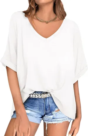 UEU Womens Oversized T-Shirts Summer V Neck Casual Shirts Short Sleeve Workout Tunic Tops