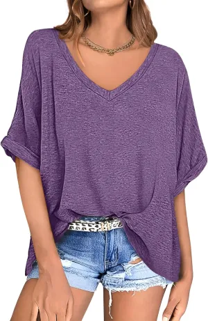 UEU Womens Oversized T-Shirts Summer V Neck Casual Shirts Short Sleeve Workout Tunic Tops