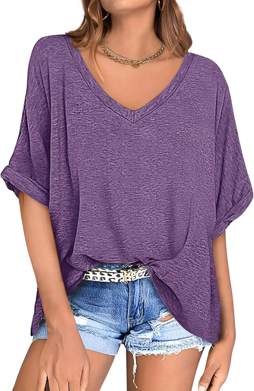 UEU Womens Oversized T-Shirts Summer V Neck Casual Shirts Short Sleeve Workout Tunic Tops