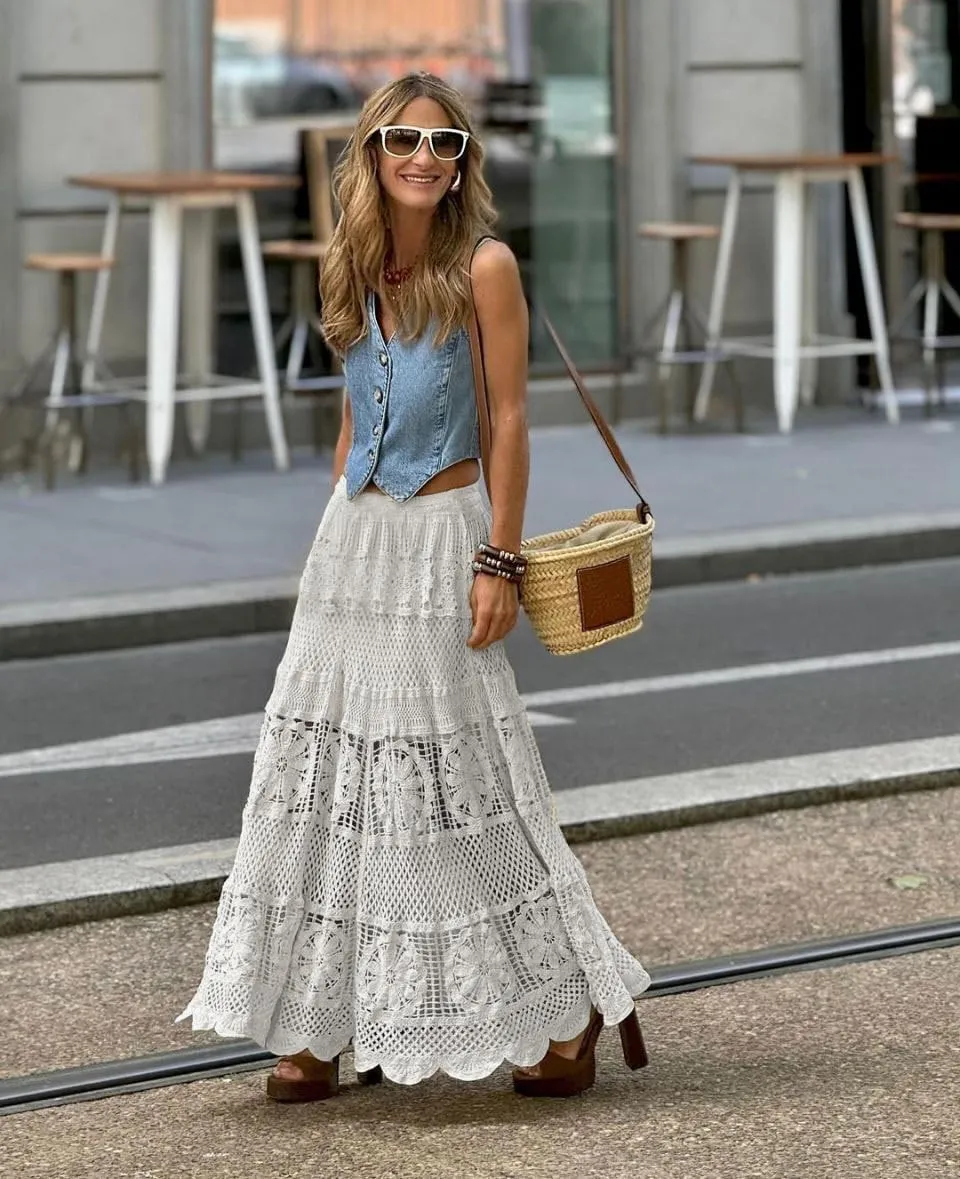 utcoco Women's Summer Casual Hollow Out Crochet Knit Maxi Skirt Flowy A-Line Elastic Waist Long Skirts