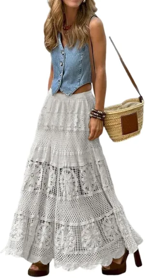utcoco Women's Summer Casual Hollow Out Crochet Knit Maxi Skirt Flowy A-Line Elastic Waist Long Skirts