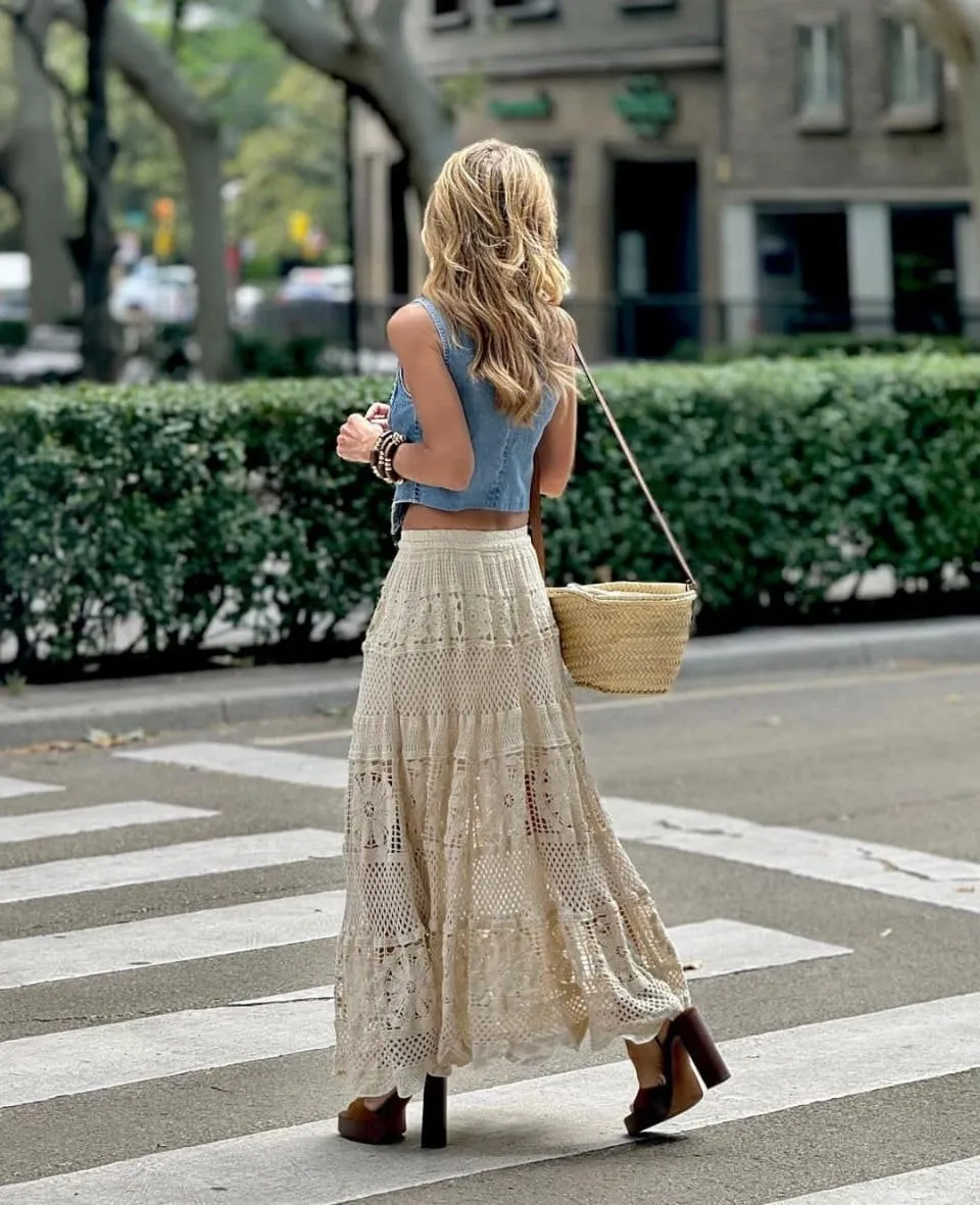 utcoco Women's Summer Casual Hollow Out Crochet Knit Maxi Skirt Flowy A-Line Elastic Waist Long Skirts