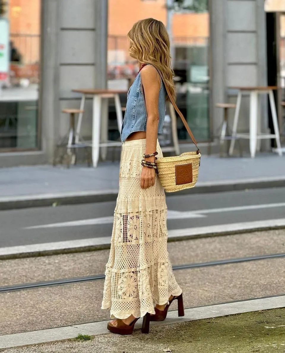 utcoco Women's Summer Casual Hollow Out Crochet Knit Maxi Skirt Flowy A-Line Elastic Waist Long Skirts