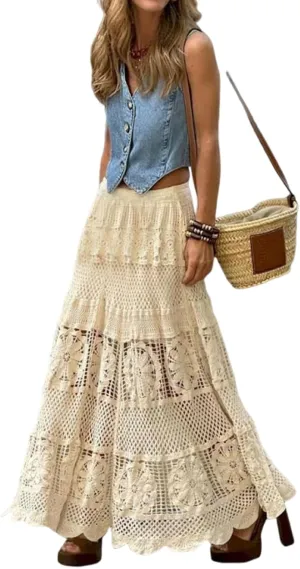 utcoco Women's Summer Casual Hollow Out Crochet Knit Maxi Skirt Flowy A-Line Elastic Waist Long Skirts