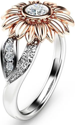 Valentine's Day Rings Gift,Vintage Sun Flower Cubic Zirconia Ring for Women 925 Sterling Silver with Gold Plated Promise Ring