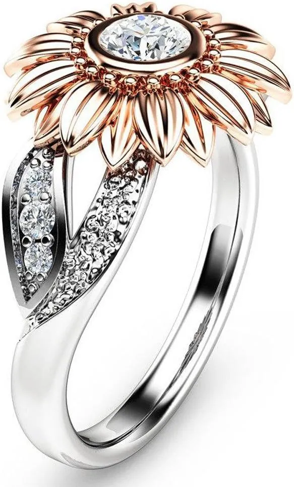 Valentine's Day Rings Gift,Vintage Sun Flower Cubic Zirconia Ring for Women 925 Sterling Silver with Gold Plated Promise Ring