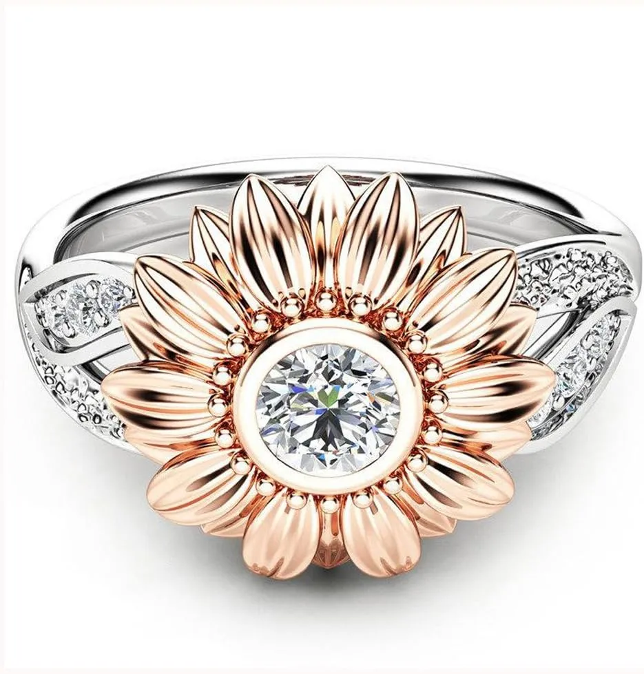 Valentine's Day Rings Gift,Vintage Sun Flower Cubic Zirconia Ring for Women 925 Sterling Silver with Gold Plated Promise Ring