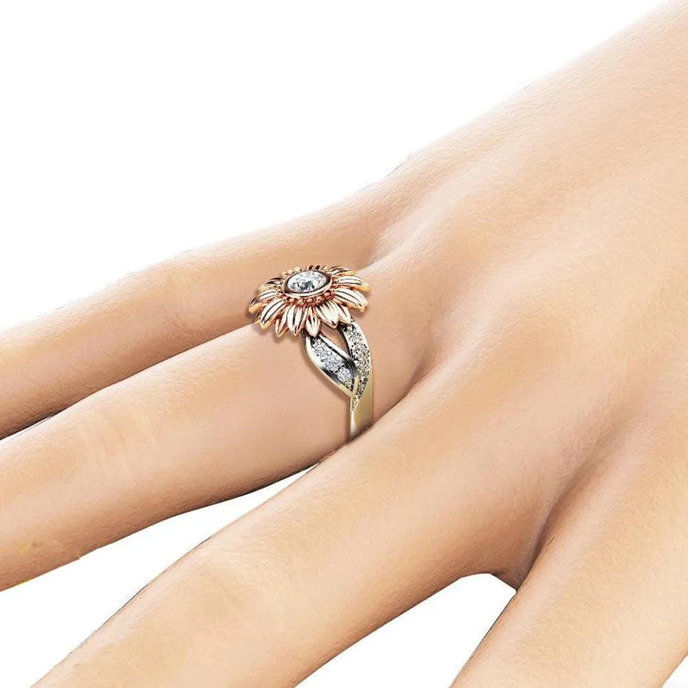Valentine's Day Rings Gift,Vintage Sun Flower Cubic Zirconia Ring for Women 925 Sterling Silver with Gold Plated Promise Ring