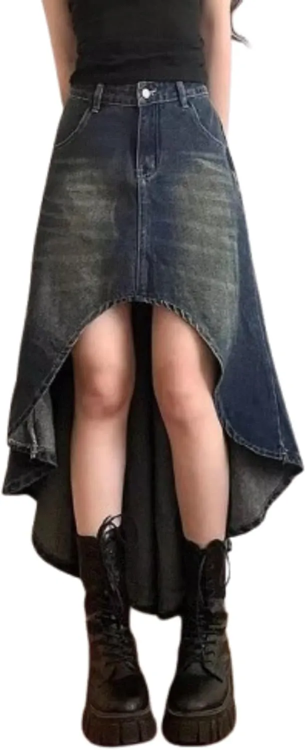 VCM Y2k Skirt Denim Skirt Women Midi Skirt with Pockets A-Line Skirt High Waisted Skirt Sexy Asymmetrical Skirt
