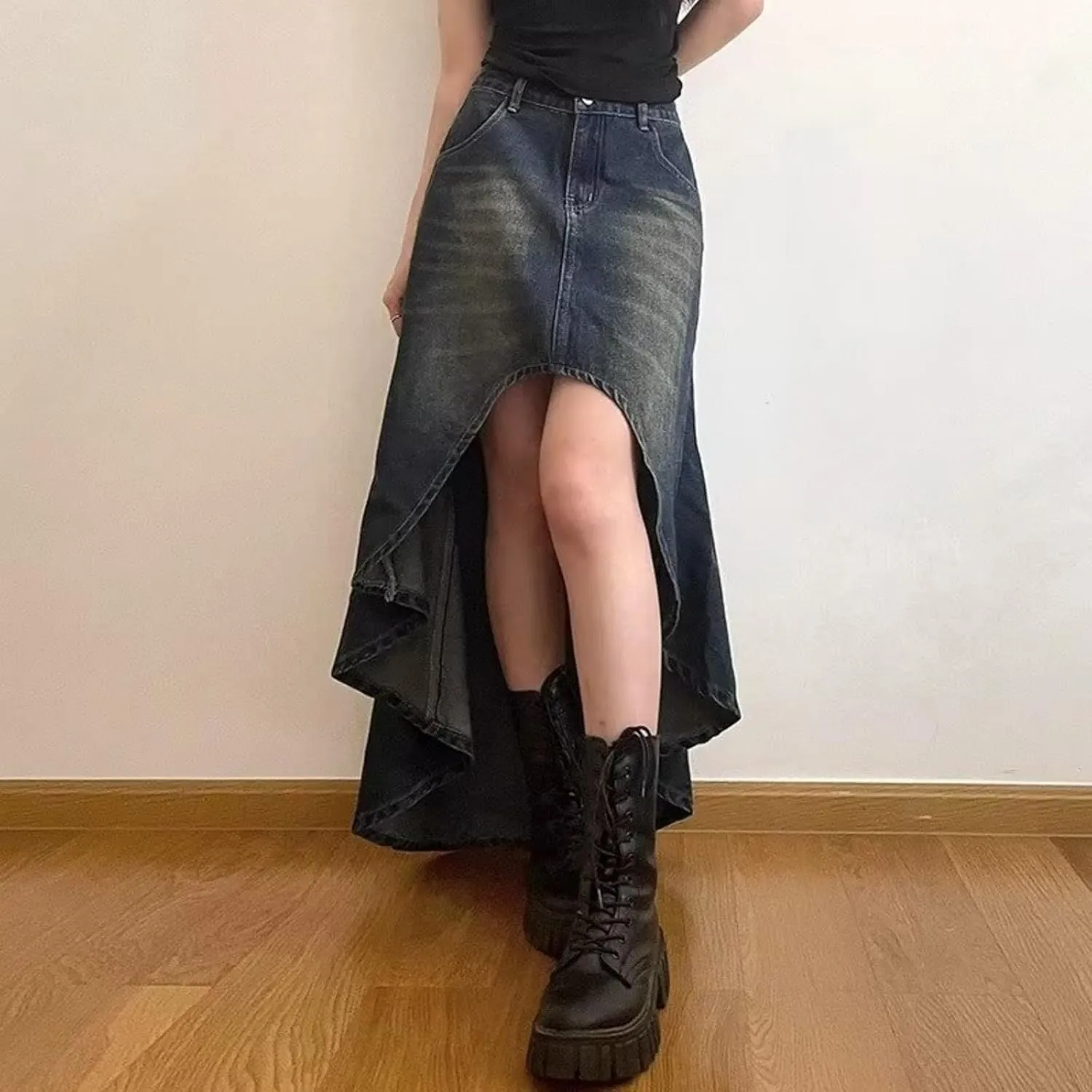VCM Y2k Skirt Denim Skirt Women Midi Skirt with Pockets A-Line Skirt High Waisted Skirt Sexy Asymmetrical Skirt