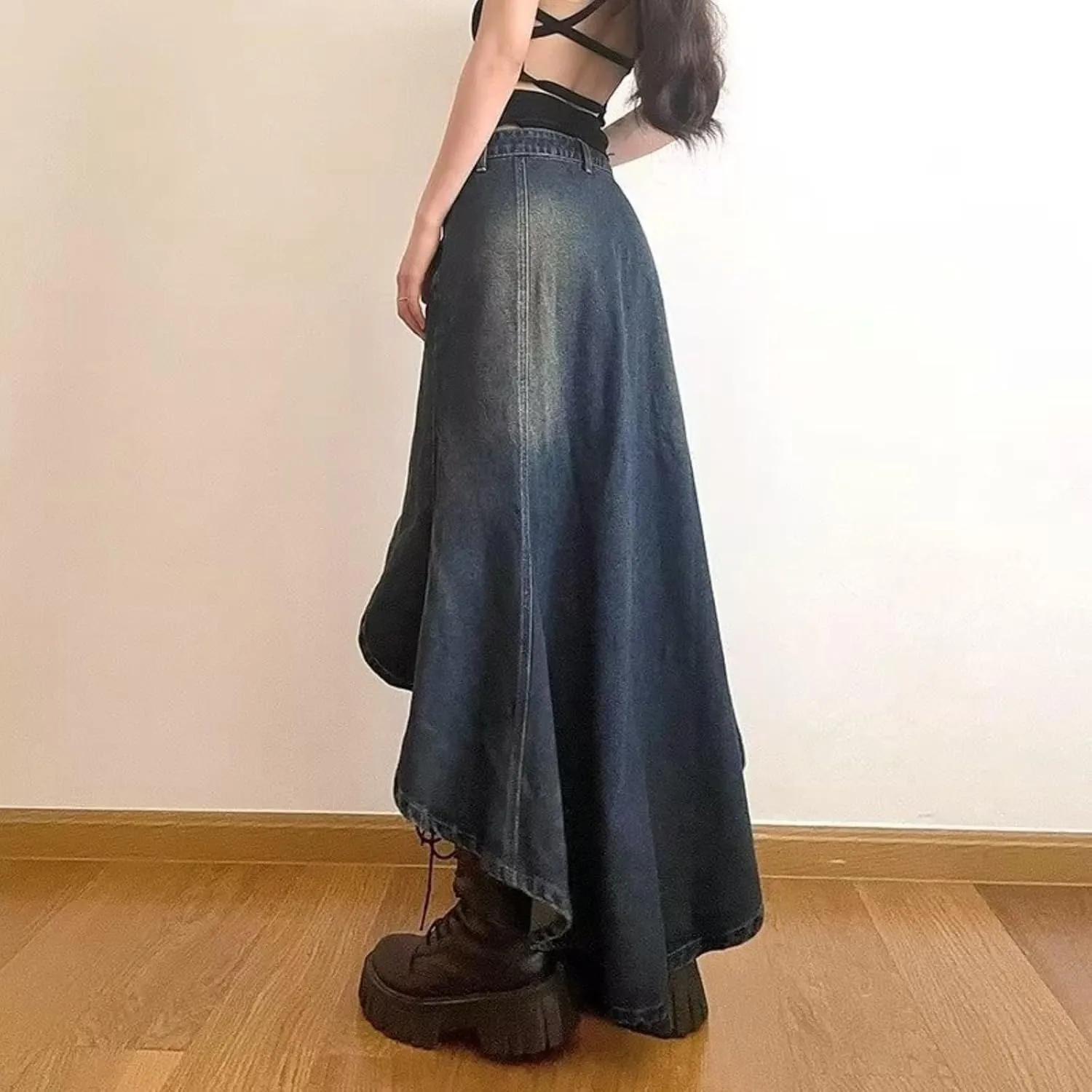 VCM Y2k Skirt Denim Skirt Women Midi Skirt with Pockets A-Line Skirt High Waisted Skirt Sexy Asymmetrical Skirt