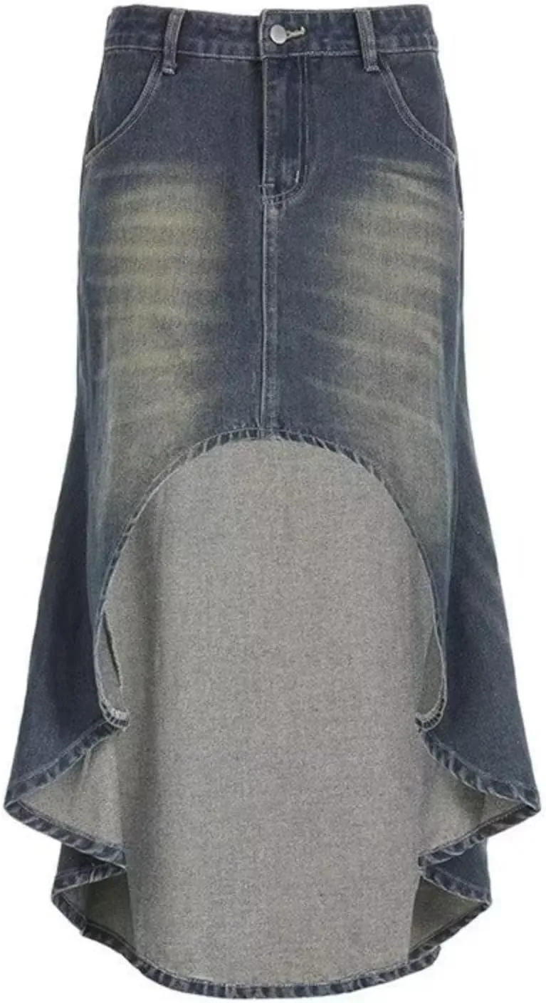 VCM Y2k Skirt Denim Skirt Women Midi Skirt with Pockets A-Line Skirt High Waisted Skirt Sexy Asymmetrical Skirt