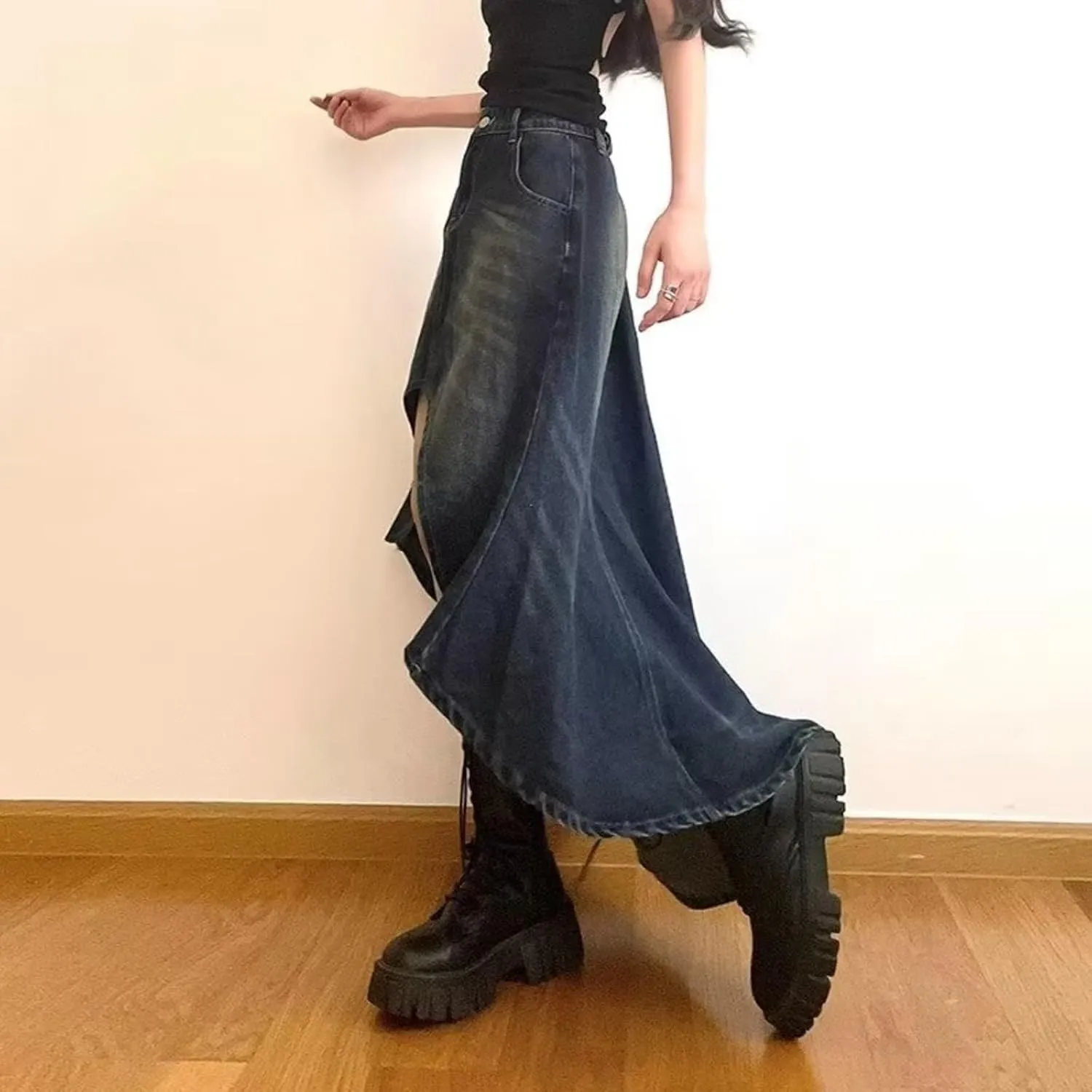 VCM Y2k Skirt Denim Skirt Women Midi Skirt with Pockets A-Line Skirt High Waisted Skirt Sexy Asymmetrical Skirt