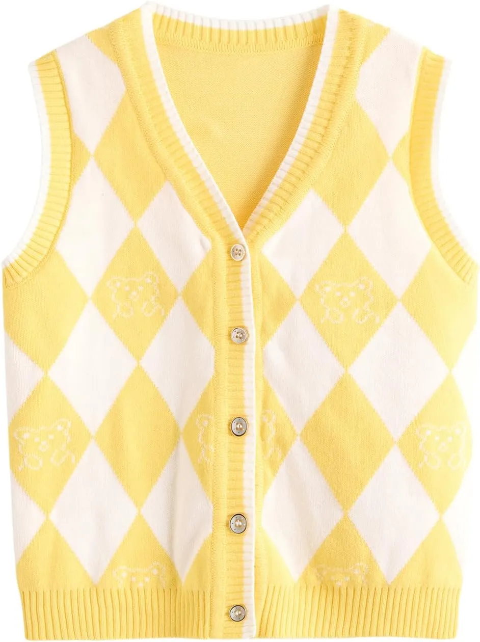 Verdusa Girl's Sweater Vest Fall Outfits Button Down Checked Sleeveless Knitwear Cute Cardigan Tops