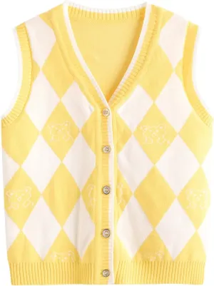 Verdusa Girl's Sweater Vest Fall Outfits Button Down Checked Sleeveless Knitwear Cute Cardigan Tops