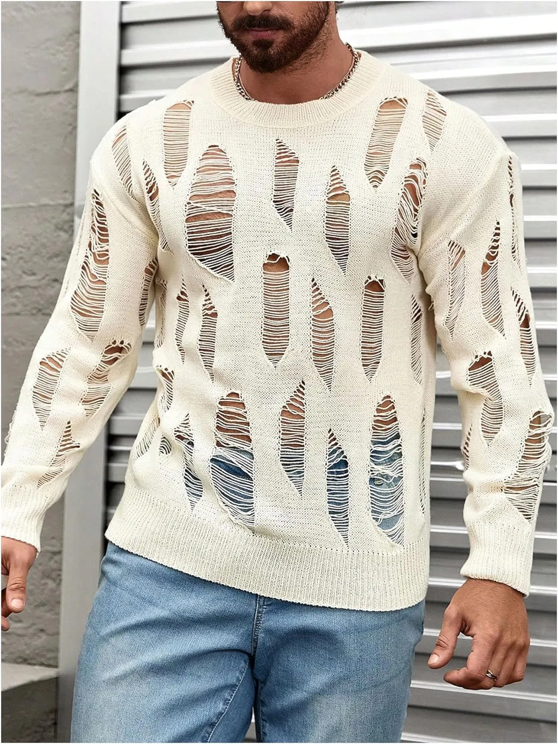 Verdusa Men's Hollow Out Distressed Knit Sweater Top Long Sleeve Pullovers