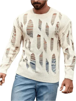 Verdusa Men's Hollow Out Distressed Knit Sweater Top Long Sleeve Pullovers