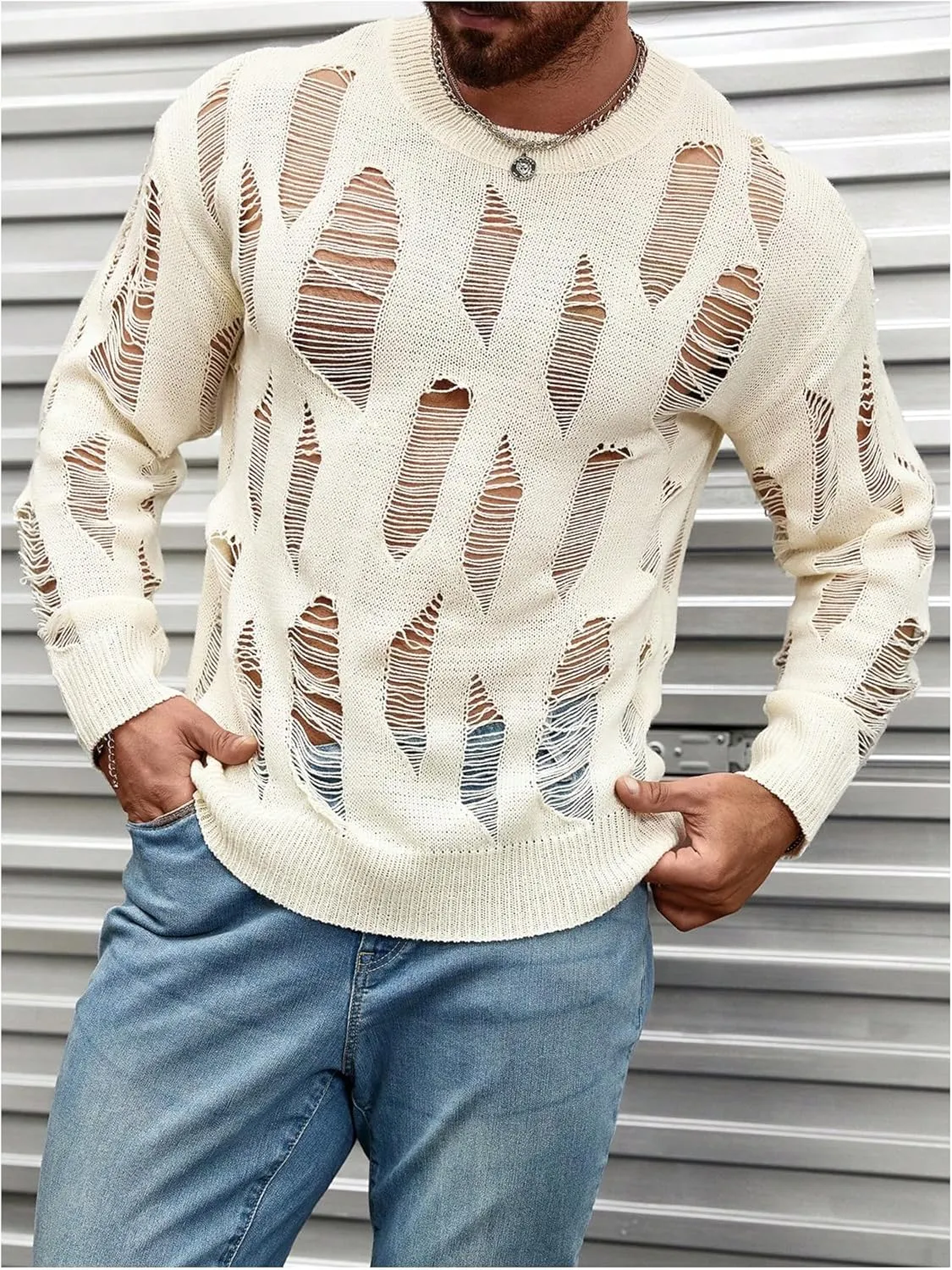 Verdusa Men's Hollow Out Distressed Knit Sweater Top Long Sleeve Pullovers
