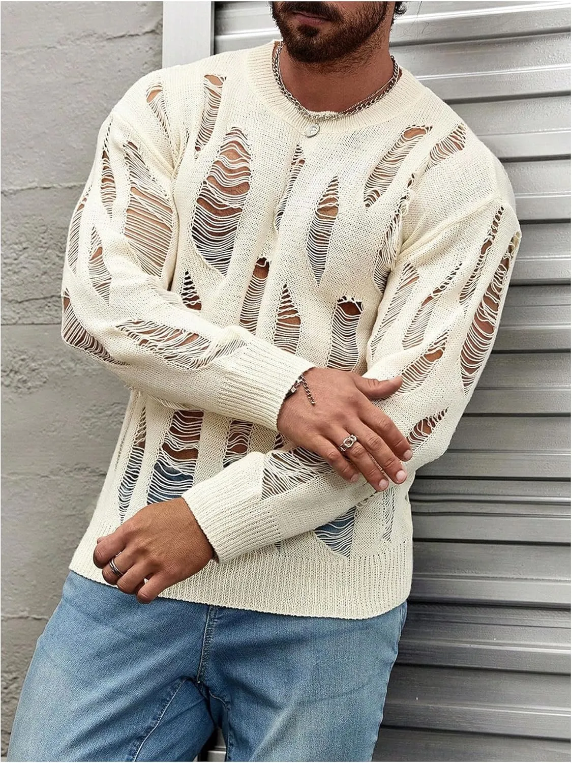 Verdusa Men's Hollow Out Distressed Knit Sweater Top Long Sleeve Pullovers