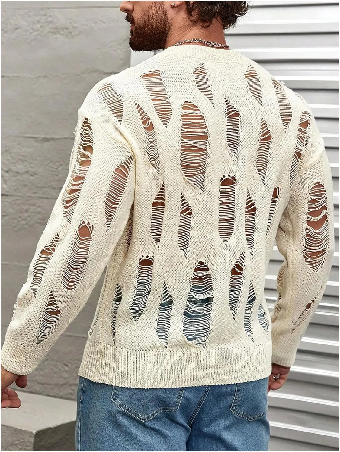 Verdusa Men's Hollow Out Distressed Knit Sweater Top Long Sleeve Pullovers