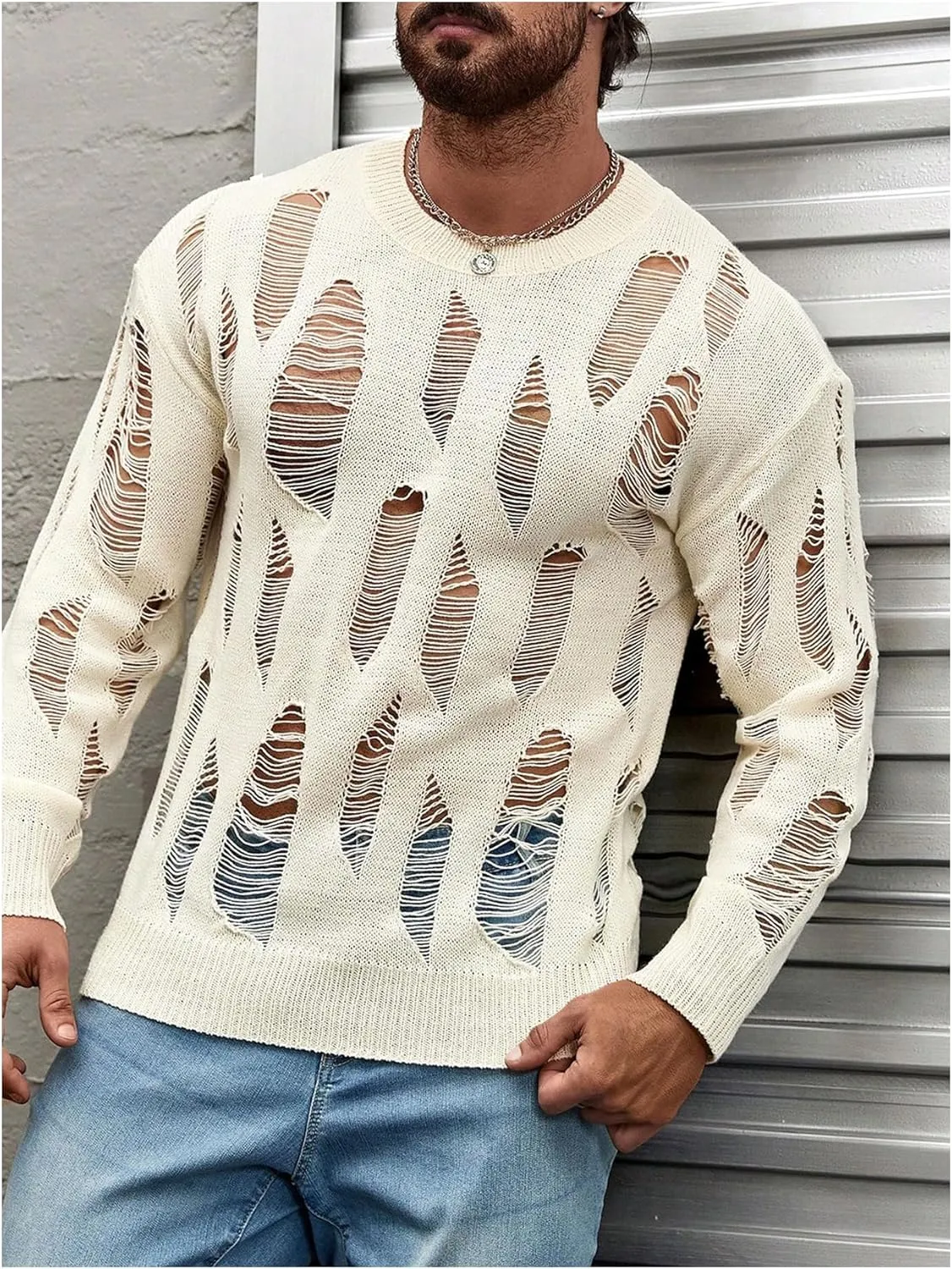 Verdusa Men's Hollow Out Distressed Knit Sweater Top Long Sleeve Pullovers