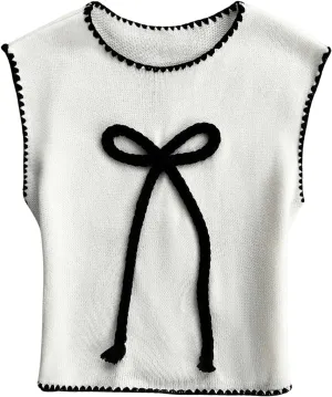 Verdusa Women's Sleeveless Sweater Vest Bow Contrast Binding Knit Tank Tops