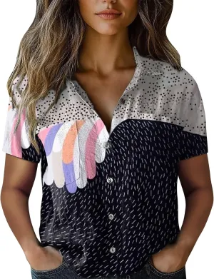 Vintage Boho Tops for Women Floral Print Button Down Shirt Casual Short Sleeve Lightweight Fashion Linen Blouses