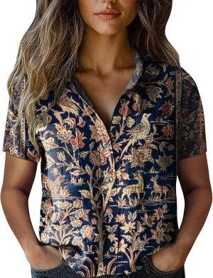 Vintage Boho Tops for Women Floral Print Button Down Shirt Casual Short Sleeve Lightweight Fashion Linen Blouses