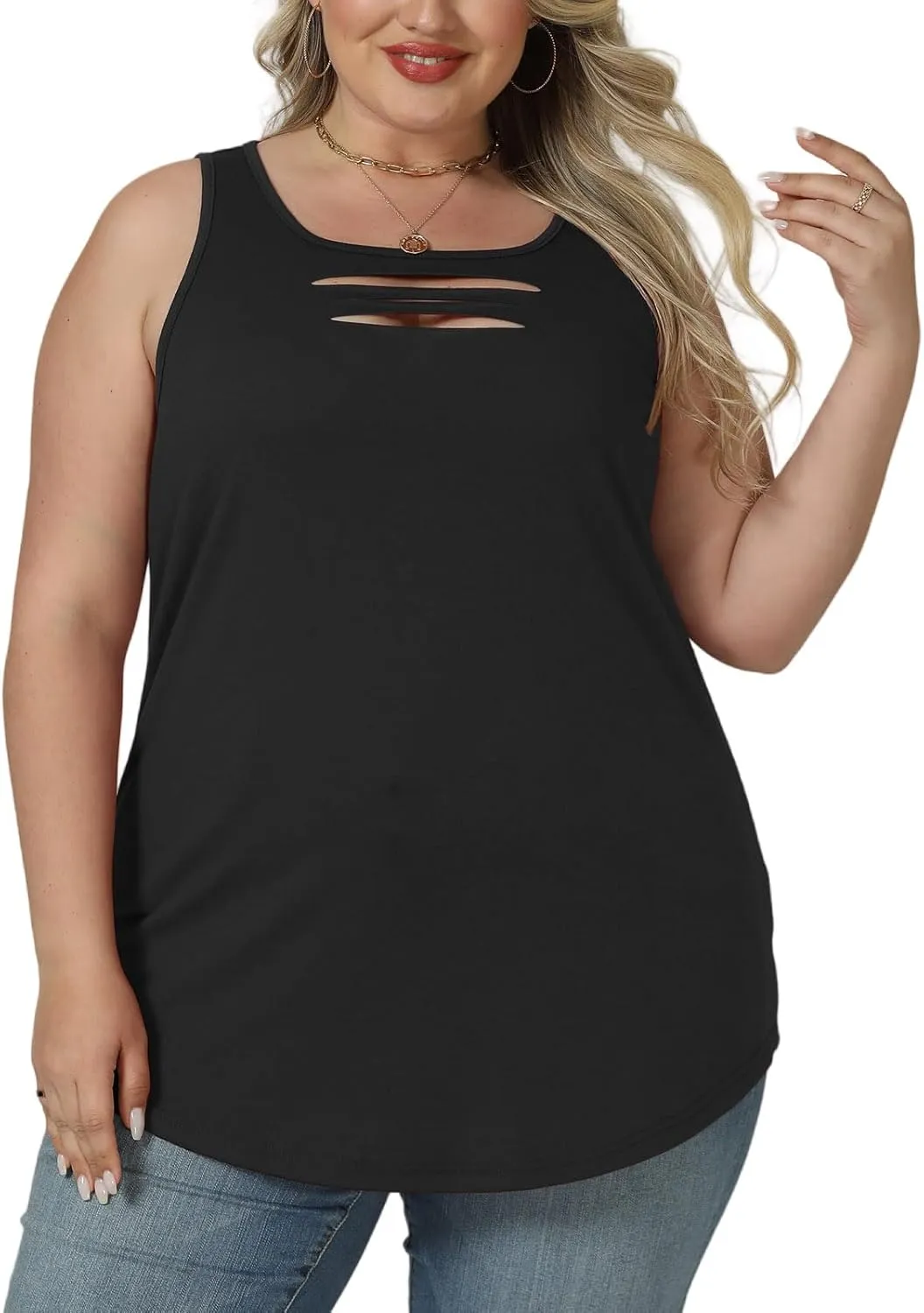 VISLILY Womens-Plus-Size-Tank-Tops Summer Trendy Cut Out Rock Ripped Shirts Casual Sleeveless Blouses Flowy Curved Hem Tunics