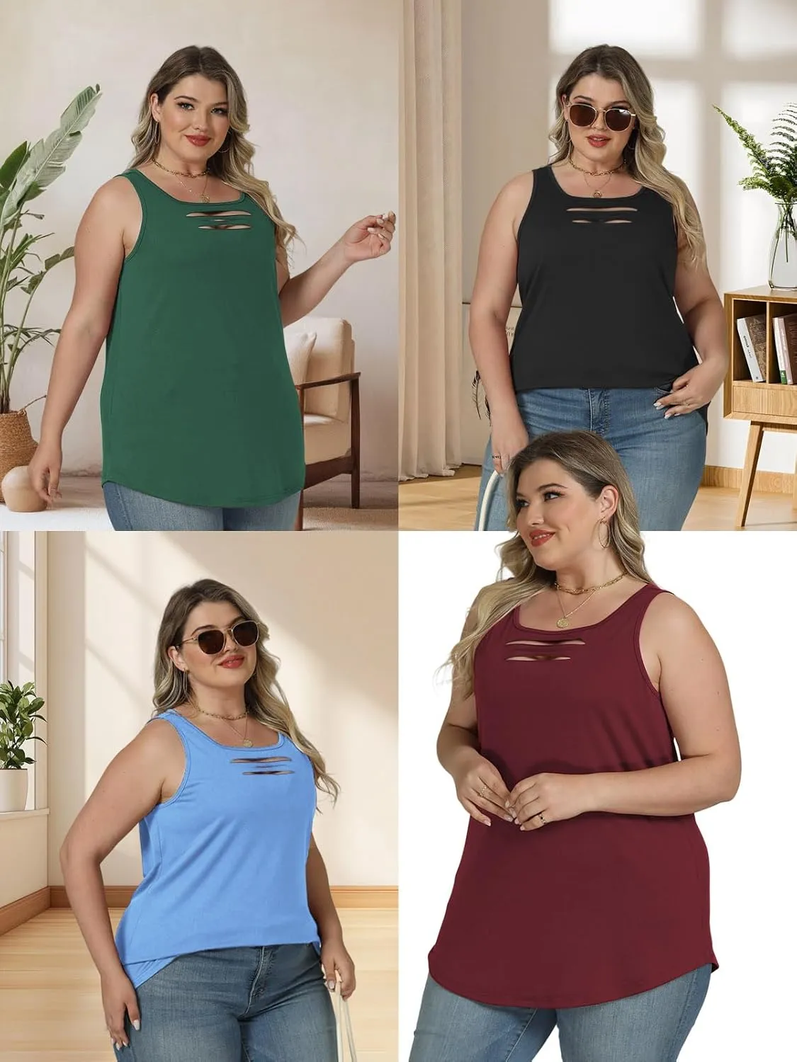 VISLILY Womens-Plus-Size-Tank-Tops Summer Trendy Cut Out Rock Ripped Shirts Casual Sleeveless Blouses Flowy Curved Hem Tunics