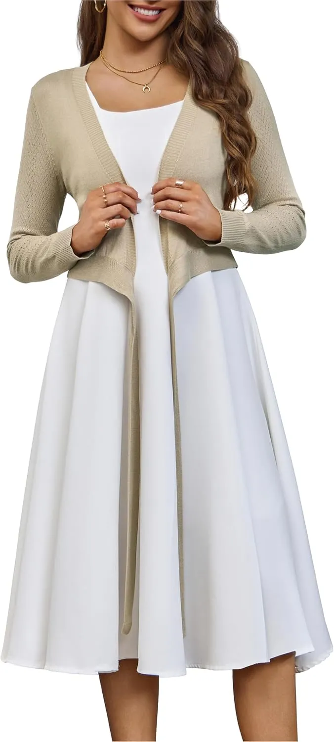 VOIANLIMO Women's Cardigan Knit Sweaters Long Sleeve Cropped Tie Front Bolero Shrug for Dresses S-XL