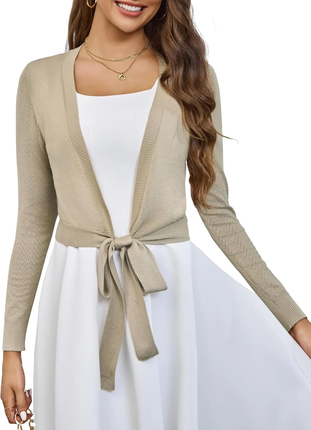 VOIANLIMO Women's Cardigan Knit Sweaters Long Sleeve Cropped Tie Front Bolero Shrug for Dresses S-XL