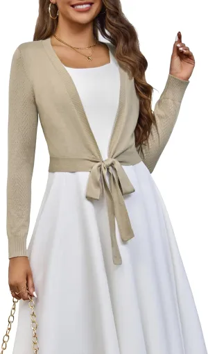 VOIANLIMO Women's Cardigan Knit Sweaters Long Sleeve Cropped Tie Front Bolero Shrug for Dresses S-XL