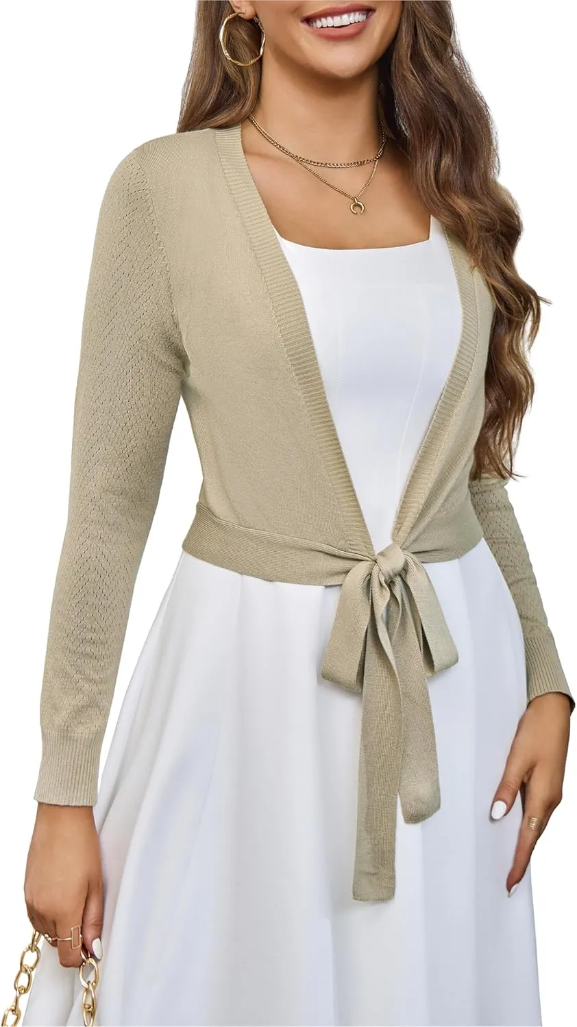 VOIANLIMO Women's Cardigan Knit Sweaters Long Sleeve Cropped Tie Front Bolero Shrug for Dresses S-XL