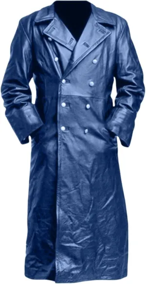 Wankang Mens WW2 Officer Military Uniform Black Faux Leather Trench Coat Jacket Vintage Long Trench Coat Motorcycle Jakcet
