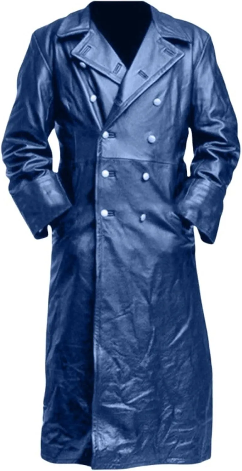 Wankang Mens WW2 Officer Military Uniform Black Faux Leather Trench Coat Jacket Vintage Long Trench Coat Motorcycle Jakcet