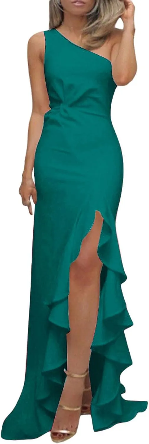 Wedding Guest Dress for Women 2025,Women's Slim One Shoulder Ruched Split Mermaid Dress Evening Cocktail Maxi Dresses