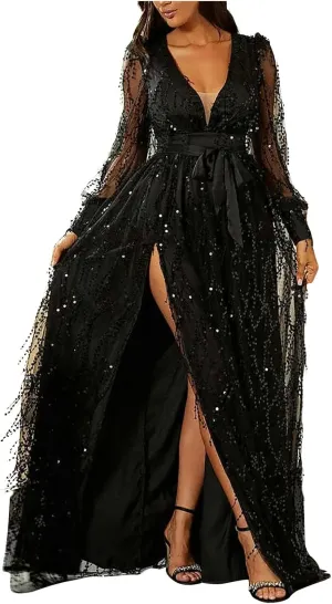 Wedding Guest Dresses for Women, Cocktail Dress, Sparkly Glitter V-Neck Party Dress, High Split Chiffon Evening Dress